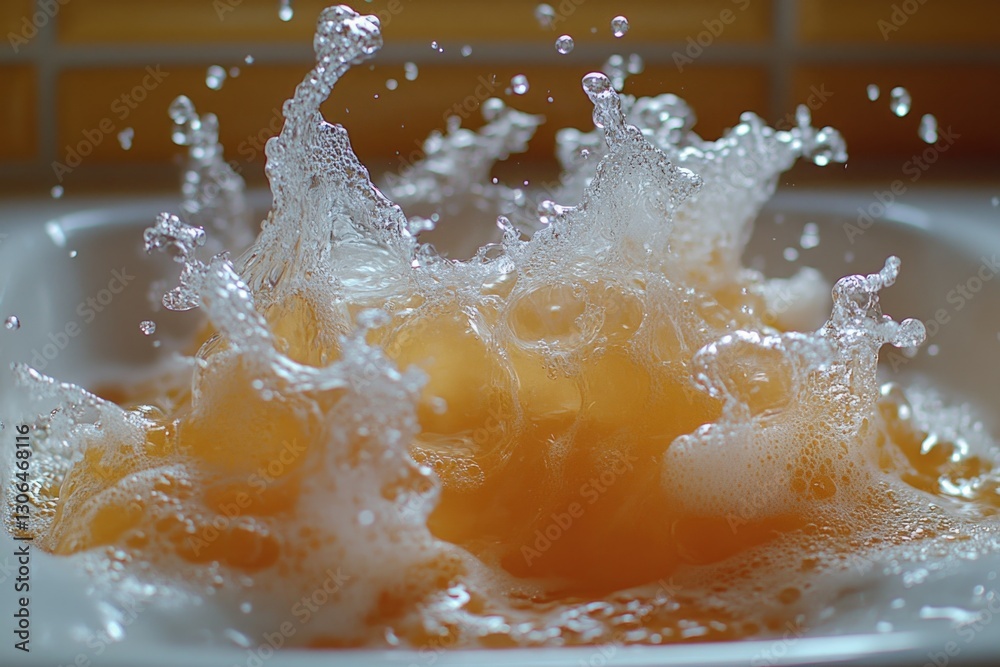 Poster a shot of freshly squeezed orange juice in a glass, with a few ice cubes and a slice of orange float
