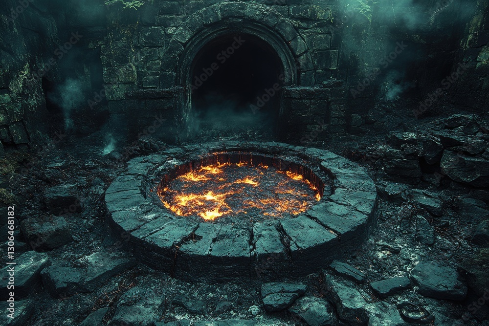 Poster a fire pit surrounded by trees in a forest