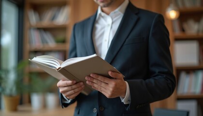 Man in suit reads book. Businessman holds open book in library. Concept for employee training, exam preparation, reading study material. Focus on self-education, professional expertise improvement.