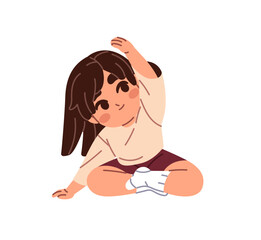 Cute little girl in lotus pose does side bends. Happy child sits on the floor, practices yoga asana. Kid is stretching, does sports exercises on training. Flat isolated vector illustration on white