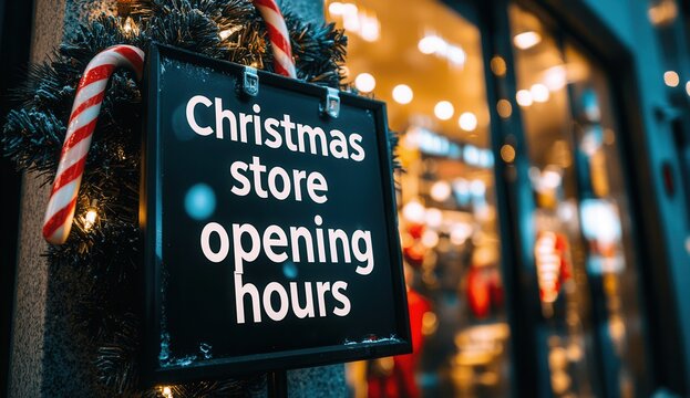 Festive Store Opening Hours Sign with Candy Canes and Lights