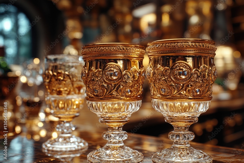 Poster a close-up view of two ornate gold goblets sitting on a table