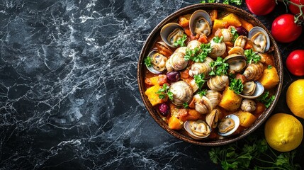 Sea food New England clam bake from New England Dish top view on a dark marble background