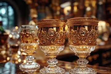 A close-up view of two ornate gold goblets sitting on a table