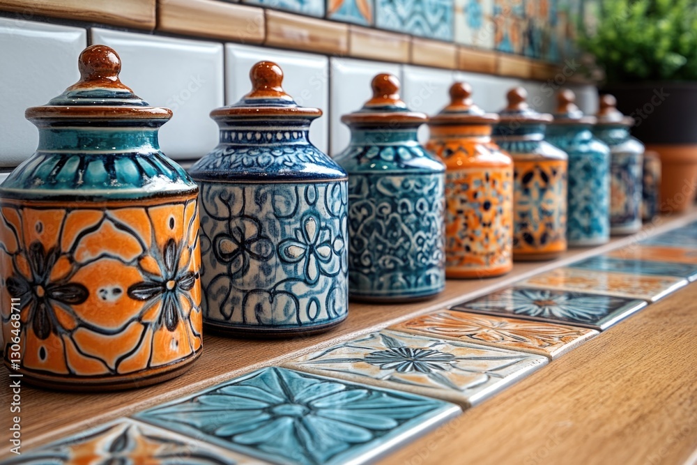 Poster a row of ceramic jars sitting on a counter
