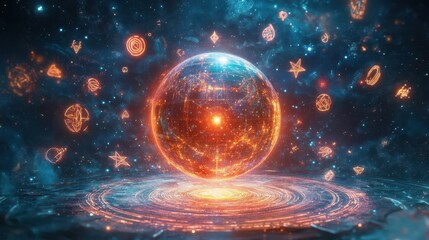 Design a breathtaking energy orb hovering mysteriously amidst celestial symbols