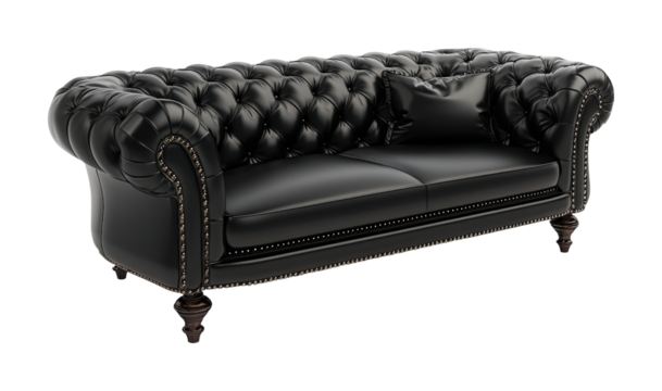 Luxurious black sofa in modern living room isolated on transparent background