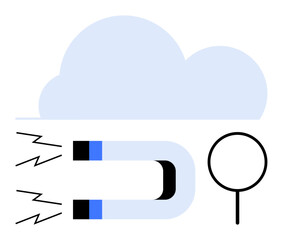 Magnet emitting energy waves beside magnifying glass under a cloud. Ideal for attraction, discovery, cloud storage, searching, data analysis, networking, cloud solutions. Flat simple metaphor