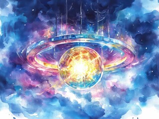 Design a surreal, otherworldly power source radiating energy, suspended in zero gravity, gleaming with advanced technology, watercolor dreaminess