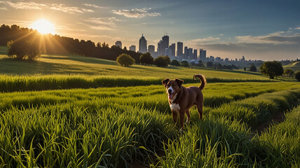 he morning sun illuminating wheat fields or orchards with happy pets grazing among them