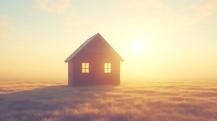 A small wooden house stands alone in a grassy field