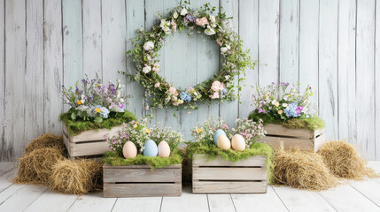 A charming spring display featuring pastel eggs, vibrant flowers, and a floral wreath, set against a rustic wooden backdrop.