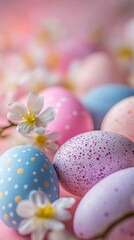 Fototapeta premium Speckled and dotted Easter eggs with flowers on pink