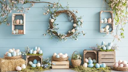 A serene spring-themed arrangement featuring pastel eggs, floral accents, and rustic wooden crates against a soft blue backdrop.