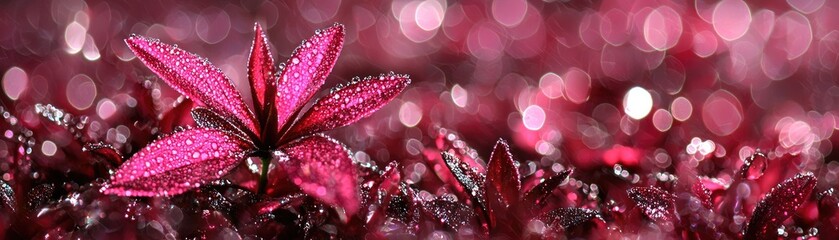 Dew-kissed pink leaves, bokeh background, nature close-up
