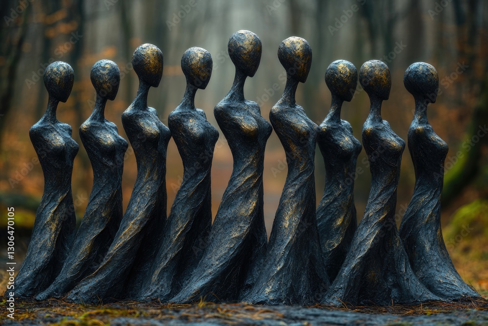 Poster group of life-sized bronze statues depicting people in a serene forest setting, ideal for use in env