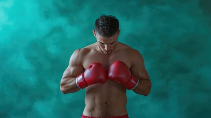 Muscular Boxer Holding Red Boxing Gloves Against Teal Background