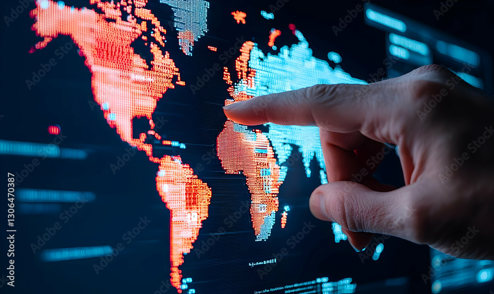 Poster hand pointing at digital world map with data visualization elements