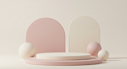 Fototapeta premium A modern, minimalist podium with soft pink and cream tones, rounded arches, and floating spheres, creating a stylish and elegant backdrop perfect for product display and branding.