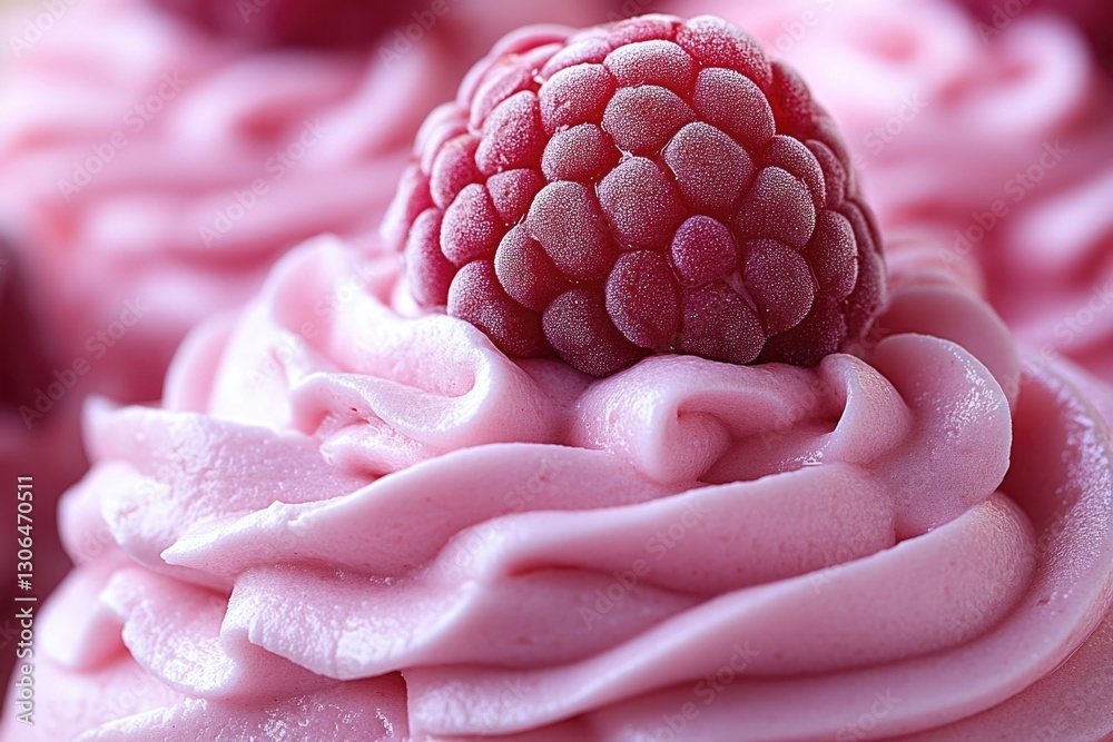 Poster a close-up shot of a pink frosted cupcake with a raspberry on top