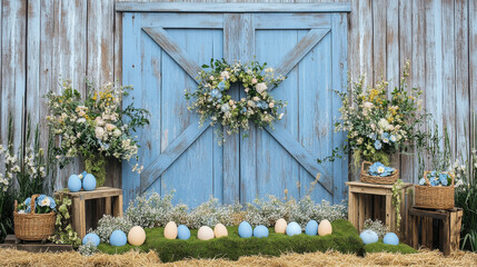 A charming spring-themed display featuring pastel eggs and floral arrangements against a rustic blue barn backdrop.