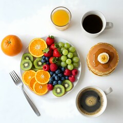 breakfast with coffee and fruits
