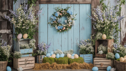 A delightful spring-themed setup featuring pastel eggs, vibrant flowers, and rustic wooden crates in soft blue and green hues.