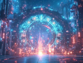 Obraz premium Imagine a breathtaking scene of a grand energy shield, shimmering with celestial symbols and intricate holographic patterns, defending an advanced civilization Sci-fi spectacle