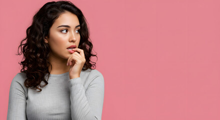 Fototapeta premium Photo of pretty young woman bite lips empty space wear pullover isolated on pink color background