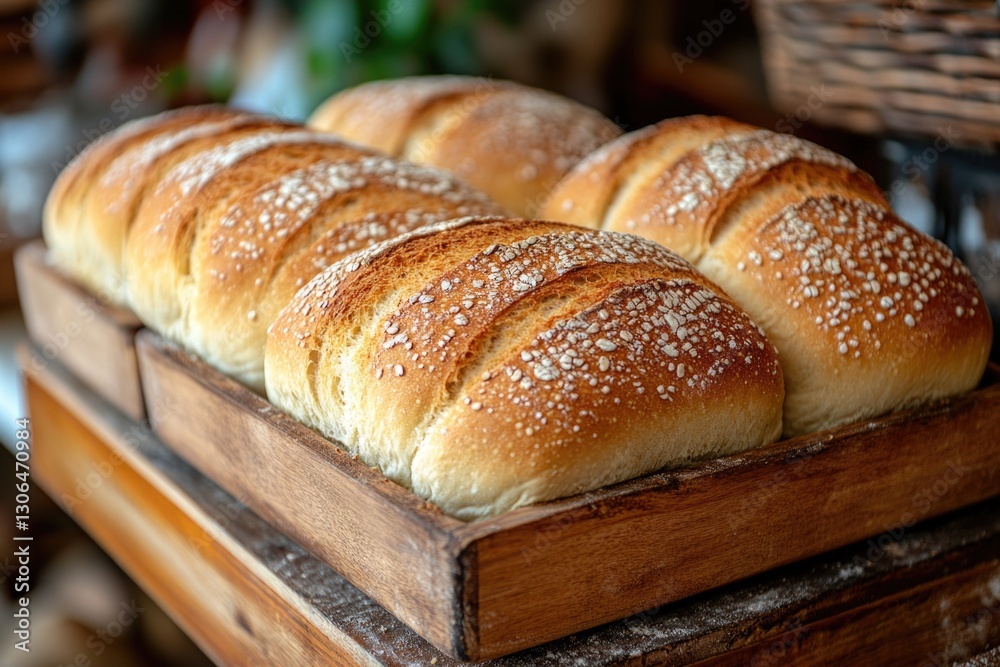 Poster a bundle of fresh bread sits atop a rustic wooden tray, perfect for serving or displaying