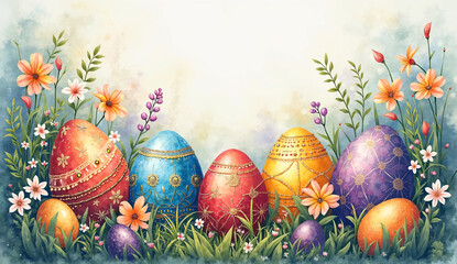 Beautiful Watercolor Painting of Vibrant Easter Eggs – Perfect for Holiday Marketing, Seasonal Promotions, and Festive Designs