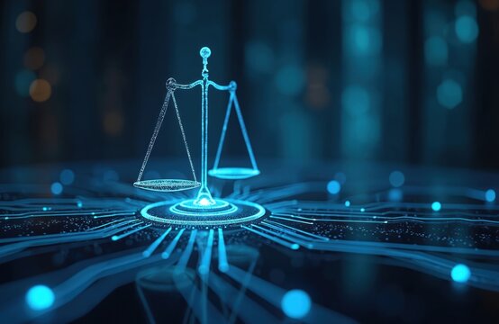 Scales of justice illuminate tech circuit board. Digital justice navigates law, tech intersection. Automation impacts courtroom settings, digital evidence, judicial processes in virtual legal tech