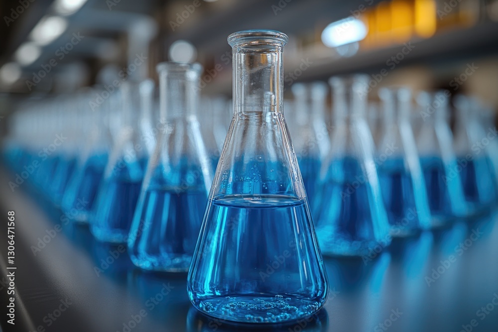 Poster a collection of blue glass flasks sitting on a table, ready for use or display