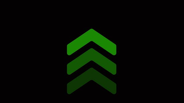 Arrow pointing to the swipe up on a green symbol. Glowing Arrows on a Black Background. 4K Arrow video. Arrows pointing to the swipe up icon. Four Shapes of Arrows Fade in and Fade out Animation.