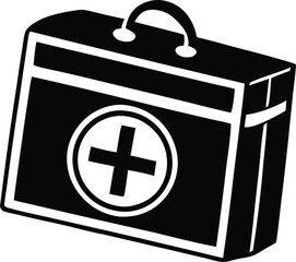 Black and White First Aid Kit Icon with Medical Cross for Healthcare and Emergency Design