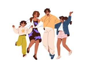 Happy parents and children jump for joy. African American family love, support each other. Mother, father and kids have fun, rejoice, celebrate together. Flat isolated vector illustration on white