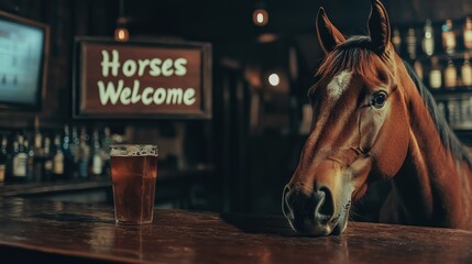 Horse visits bar and stands beside a beer in a rustic pub setting at night. National Ride Your Horse to a Bar Day
