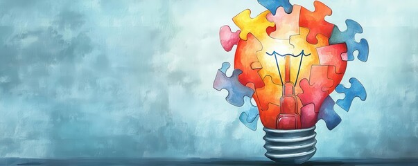 Puzzle pieces forming a bright idea bulb, innovation and creativity, watercolor style