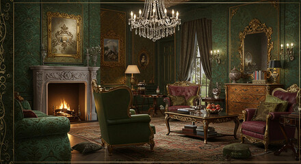 Luxurious Emerald Green Living Room Interior with Antique Furniture and Fireplace