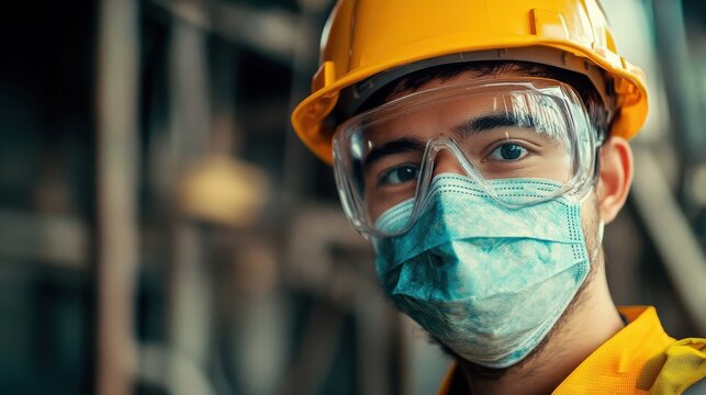Construction worker in a hard hat and mask smiles at the camera on a job site during the day. National Facial Protection Month - Powered by Adobe