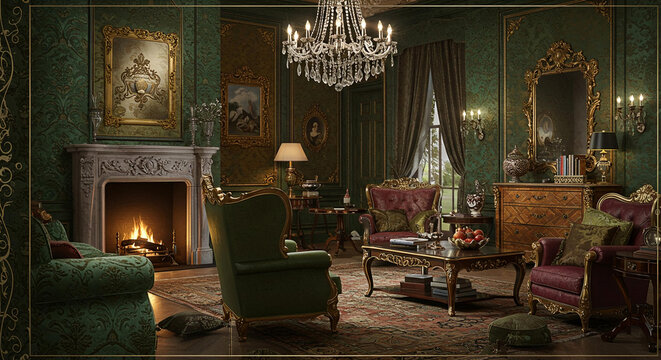 Luxurious Emerald Green Living Room Interior with Antique Furniture and Fireplace