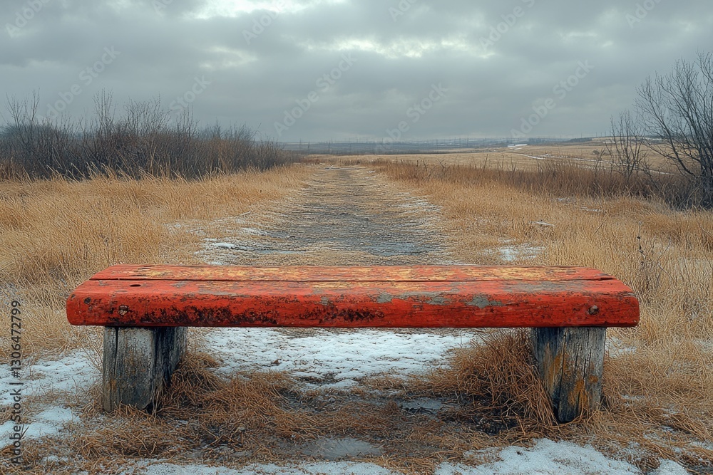 Poster a simple red bench sits amidst a green landscape, perfect for a picnic or relaxing in nature