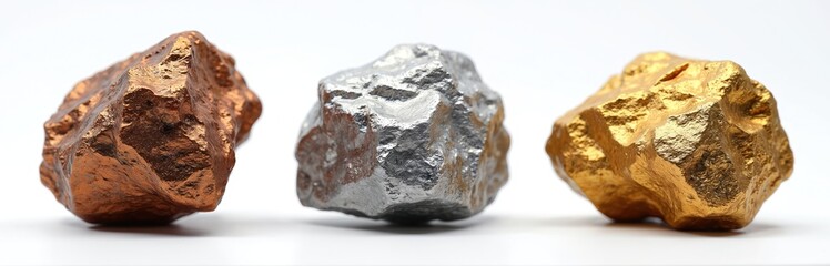 Macro shot of bronze, silver, gold nuggets isolated. Metallic ore stones represent precious wealth, luxury. Symbol of financial success, prosperity. Investment opportunity in precious metals money