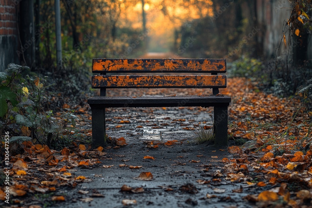 Aufkleber a wooden bench sits alone in a dense forest setting, perfect for use as a backdrop or prop
