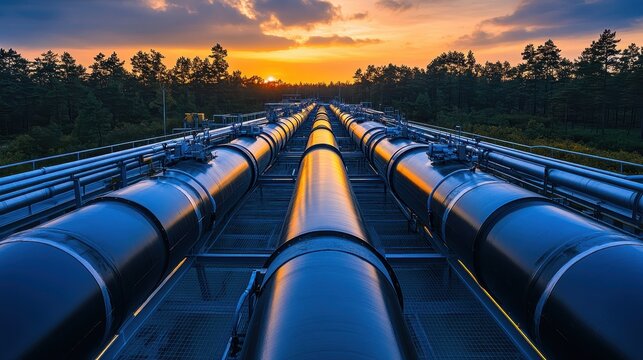 Network of industrial pipelines at sunset in forested landscape