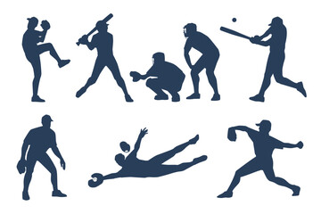Set baseball player silhouettes. Emblem or badge design. Athletes in uniform in active dynamic poses. Sport game characters. Sportsman on championship. Pitchers men. Vector illustration