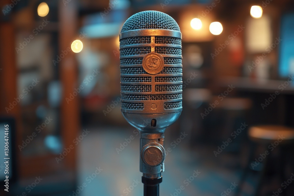 Poster a close-up shot of a microphone with a blurred background