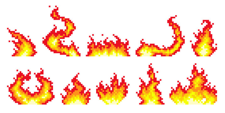 Pixel fire flames. 8 bit bonfire icons, retro arcade video games elements, burning effects, animation sprite frames, qualitative, orange red blaze objects, vector isolated set