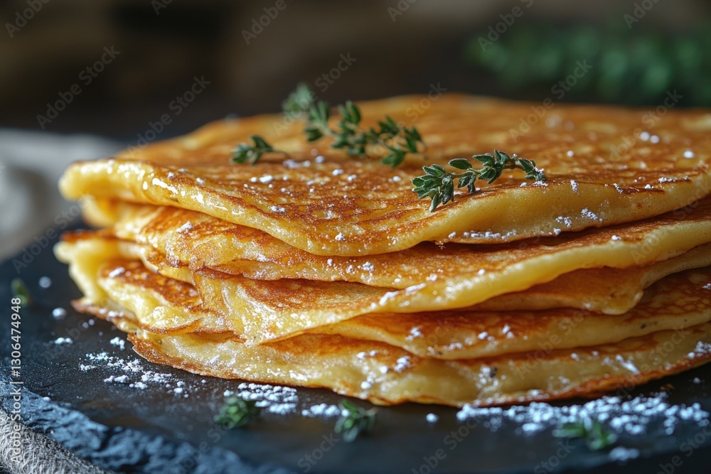 Poster a stack of fluffy pancakes sits on a dark-colored plate, ready to be devoured