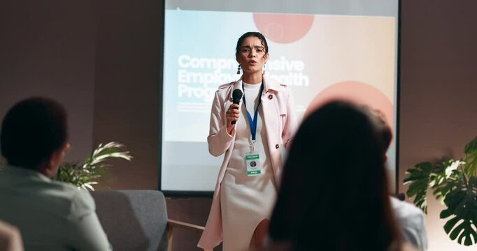 Business, forum and presentation with woman speaker in conference room for training. Education, development speech and microphone with corporate coach on stage for public relations or seminar